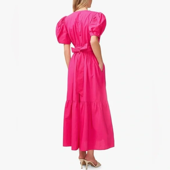 NWT CeCe Pink V-Neck Puff Sleeve Tiered Ruffled Maxi Dress Sz L - Picture 2 of 4